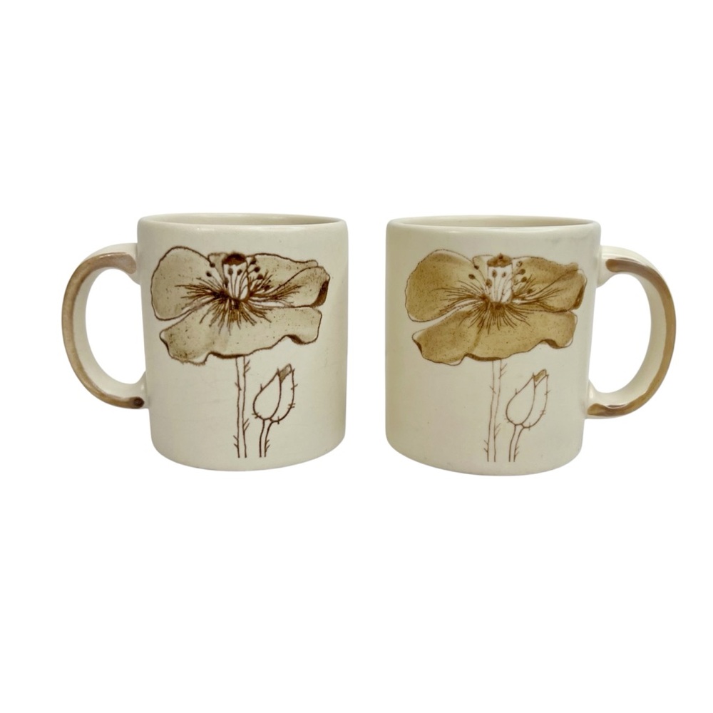 Vintage Waechtersbach West Germany Coffee Cup Mug Brown Poppy Flower Pattern Set